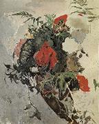 Red Flowers and Begonia Leaves in a basket, Mikhail Vrubel